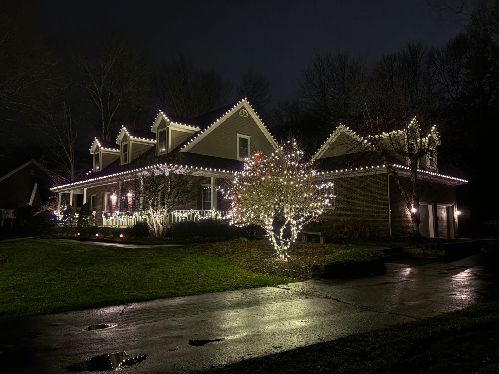 Brick home with lit tree and roofline