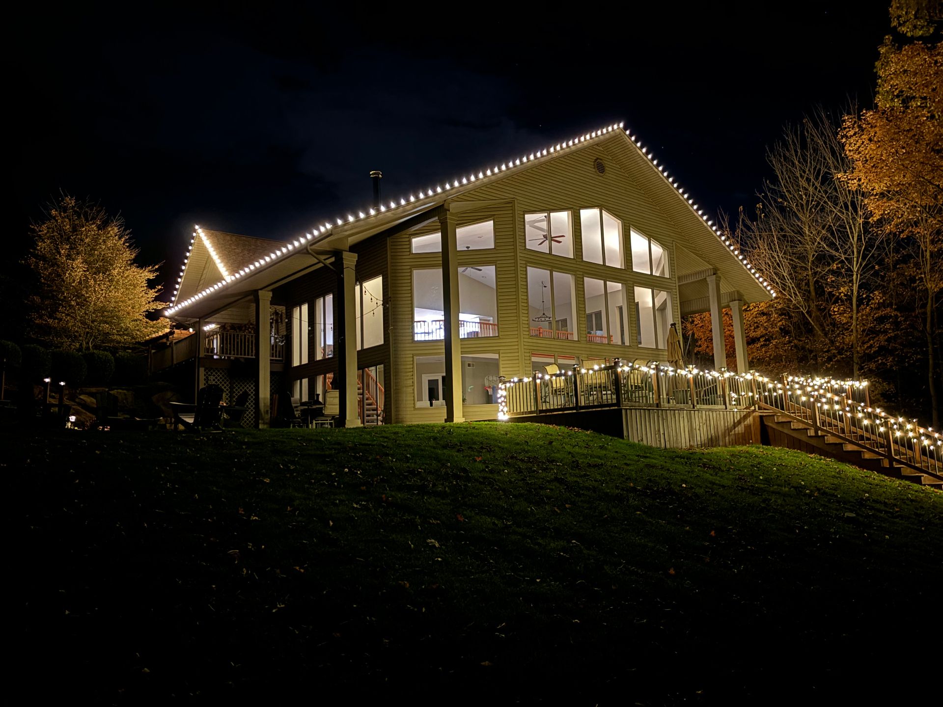Lakehouse with warm white lights