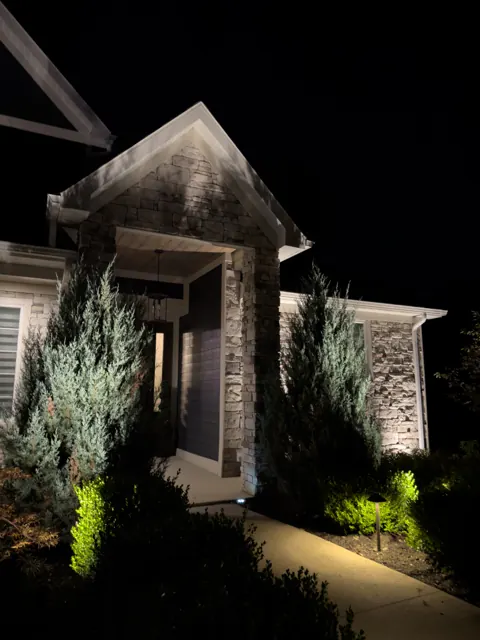 Entry walk with lit evergreens and a stone facade