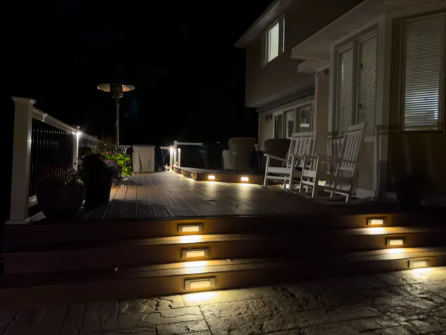 Deck stairs with integrated step lights