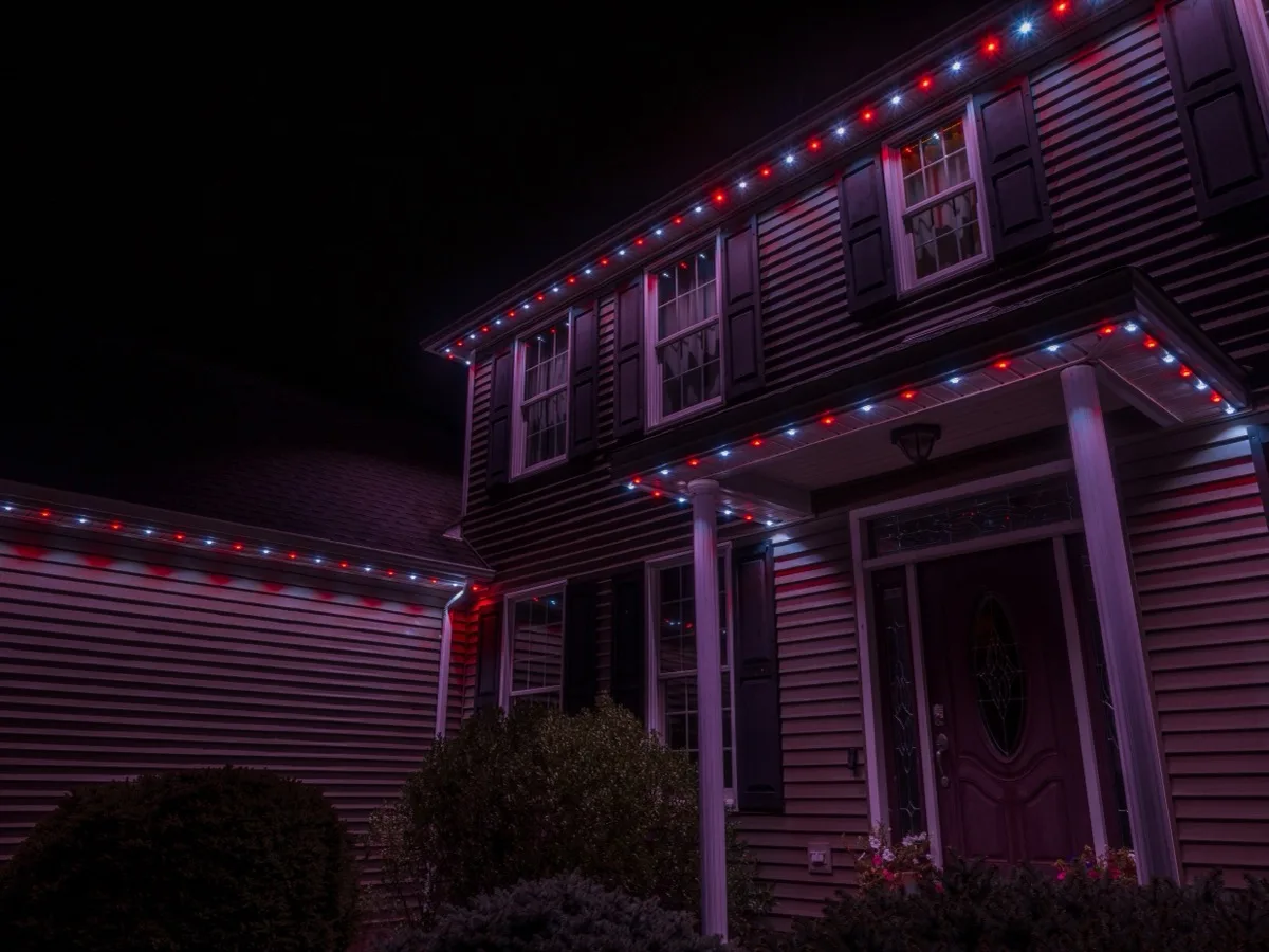 Permanent roofline lights on a two-storey home set to red and white team colours for game day