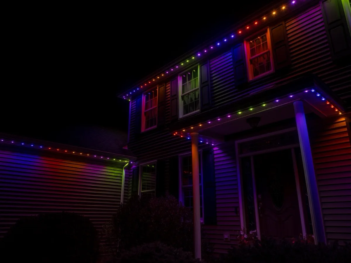 Permanent roofline lights on a two-storey home set to orange and purple for Halloween