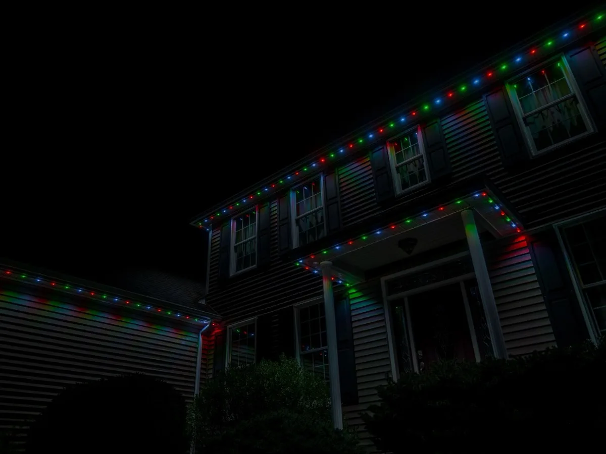 Permanent roofline lights on a two-storey home set to red and green for the holidays